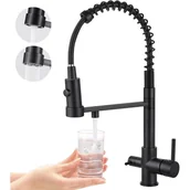 Baterie kuchenne - Trójdrożny kran kuchenny, wyciągany kran kuchenny, mosiężny kran zlewozmywakowy, 3-w-1 filtr do wody, bateria mieszająca (matowa czerń) - miniaturka - grafika 1