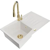 Zlewozmywaki z baterią - Mexen Cesar zlewozmywak granitowy 1-komorowy z ociekaczem i baterią kuchenną Savita, biały - miniaturka - grafika 1