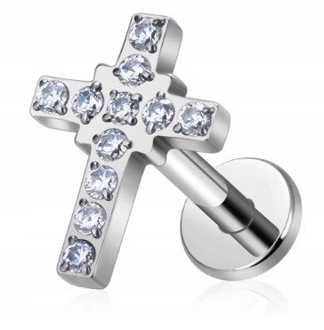 Tytanowy Kolczyk Labret PIERCING Cyrkonie KRZYŻ KRZYŻYK HELIX Lobe 1,2/8