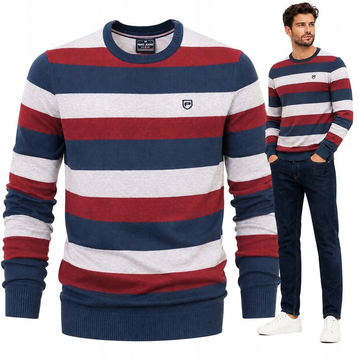 SWETER Męski GRANATOWO-CZERWONO-SZARY w PASKI Bawełniany Pako Jeans SWETER Męski GRANATOWO-CZERWONO-SZARY w PASKI Bawełniany XL Pako Jeans
