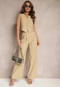 Komplety damskie - Beżowy Garniturowy Komplet Kamizelka i Proste Spodnie High Waist Nithriella - miniaturka - grafika 1
