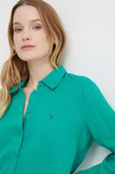 Koszule damskie - Tommy Hilfiger koszula lniana kolor zielony relaxed z kołnierzykiem klasycznym WW0WW42037 - miniaturka - grafika 1