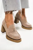 Mokasyny damskie - Beżowe mokasyny skórzane damskie ze złotą ozdobą na szerokim klocku PRODUKT POLSKI Casu 20169-B - miniaturka - grafika 1