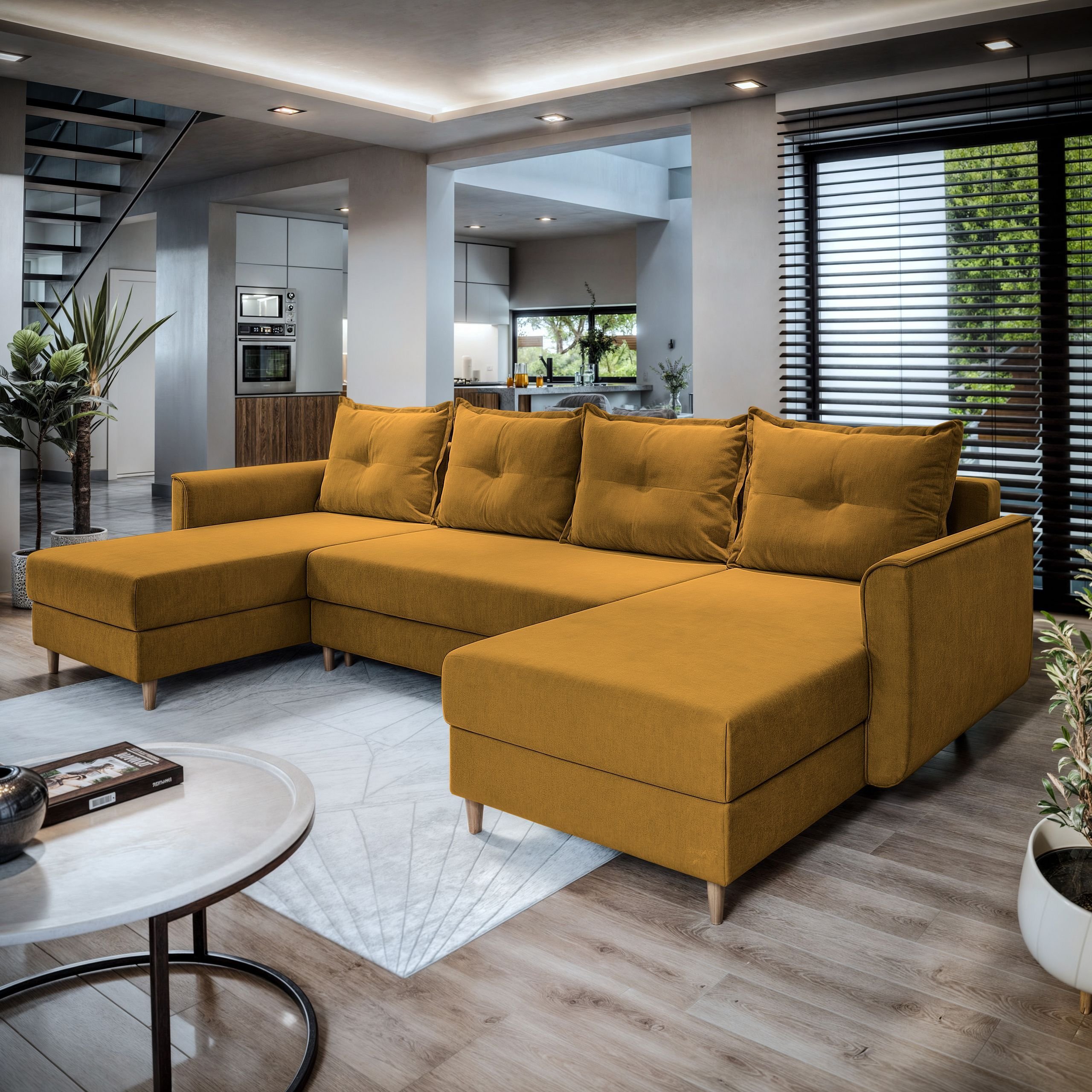 Masseno Narożnik VERNI z funkcją spania i pojemnikiem na pościel Kształt U, Rozkładana sofa, Rogówka - Żółty, KRONOS 01