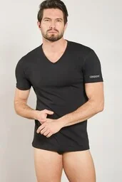 Koszulka męska bawełniana z krótkim rękawem i dekoltem w serek czarna Kappa K1315 - Piżamy męskie - miniaturka - grafika 1