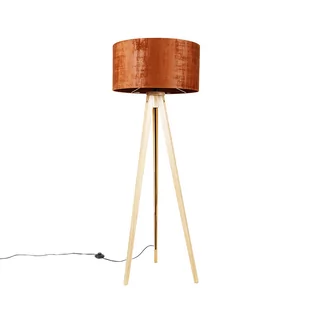 QAZQA Lampa podłogowa drewniana z kloszem z tkaniny pomarańczowy 50 cm - Tripod Classic - Lampy stojące - miniaturka - grafika 1