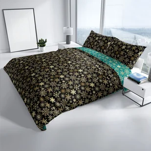 Pościel świąteczna Carbotex, 100% bawełny, 160x200 +2x70x80cm, czarno-złote śnieżynki - Pościel - miniaturka - grafika 1