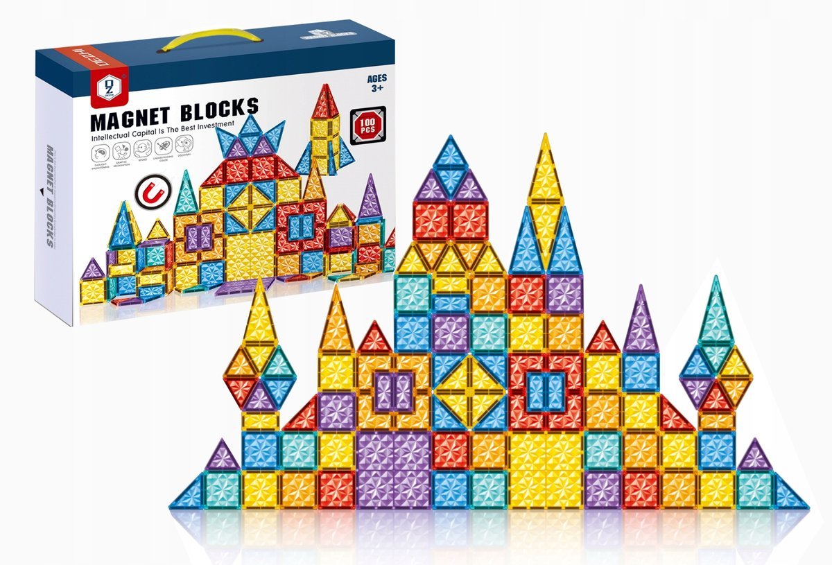KLOCKI MAGNETYCZNE 100el KREATYWNE KONSTRUKCYJNE EDUKACYJNE UKŁADANKA 150A