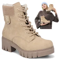 Botki damskie - Rieker Botki Damskie Jesienne Trzewiki na obcasie Ocieplane Modne Beżowe 39 - miniaturka - grafika 1