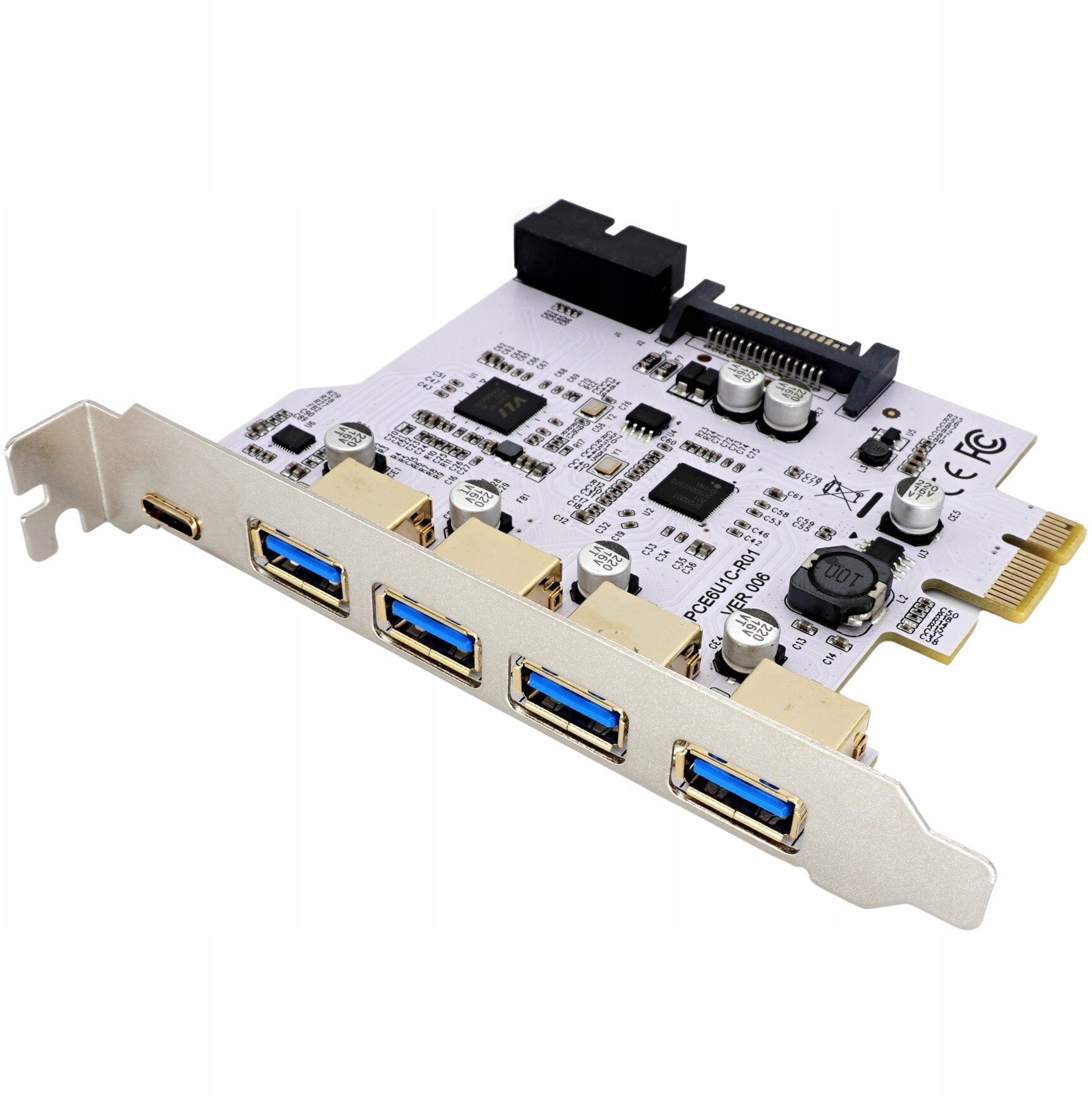 Kontroler TECKIN Karta adapter do komputera PCI PCIe 1X na 4x USB A 1x USB C 3.1 Gen1 biała