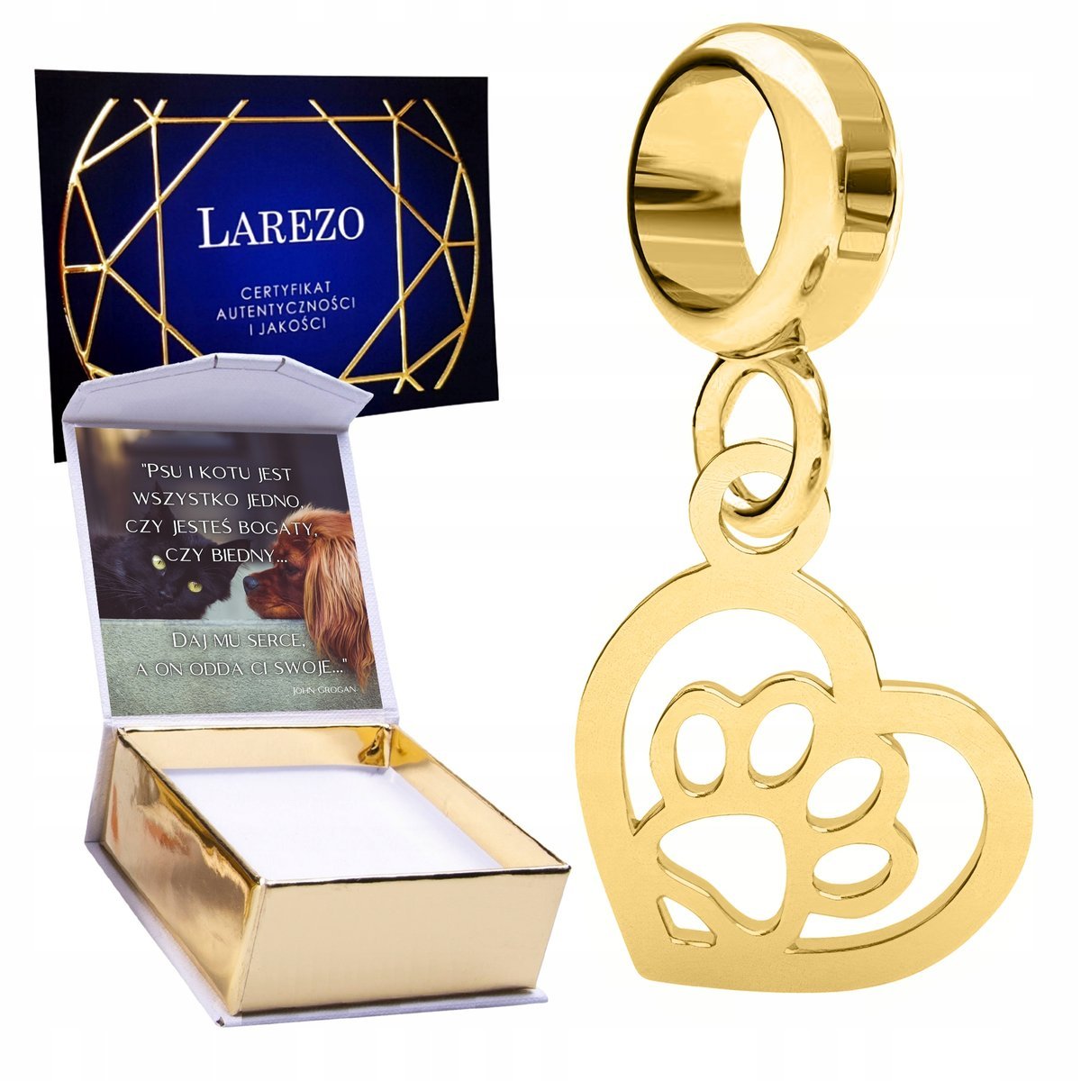 CHARMS ZŁOTY 925 Serduszko z Psią Kocią Łapką Serce Łapa Psa Kota + NADRUK