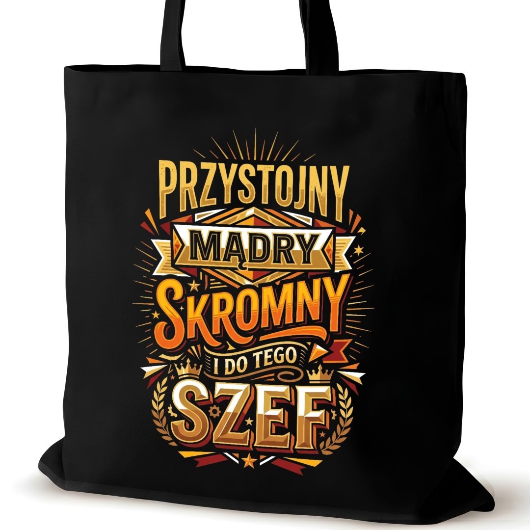 Torba bawełniana czarna dla SZEFA na ramię zakupowa napisem skromny