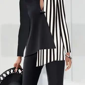 Inne - TEMU Bluzka w paski w dużym rozmiarze, swobodna, z nieregularnym obszyciem, dekoltem z karczkiem, długim rękawem na wiosnę, odzież damska w dużym - miniaturka - grafika 1