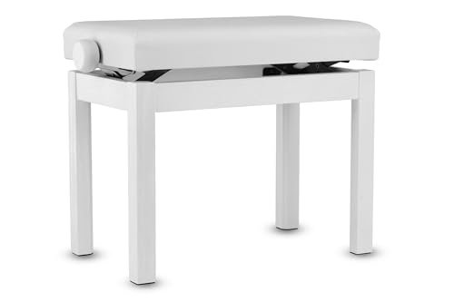 Ławka do fortepianu GEWA Student – lite drewno – pokrycie siedziska ze sztucznej skóry – płynna regulacja wysokości w zakresie 48–57 cm – stabilna konstrukcja – biały matowy