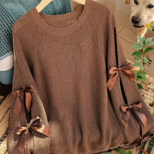TEMU Elegancki sweter z kokardką - stylowy beżowy pulower z raglanowymi rękawami i teksturą prążkowaną, idealny na jesień/zimę, przytulna odzież w - Swetry damskie - miniaturka - grafika 1