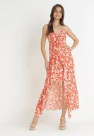Sukienki - Pomarańczowa Asymetryczna Sukienka Maxi na Regulowanych Ramiączkach w Kwiaty Dalit - miniaturka - grafika 1