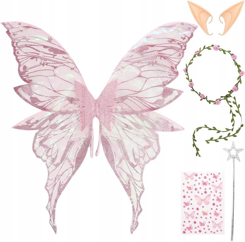 ZESTAW KOSTIUM WRÓŻKI DLA DZIECI SKRZYDŁA WRÓŻKI OPASKA RÓŻDŻKA USZY STRÓJ