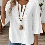 Koszule damskie - TEMU Bluzka Damska z Eleganckim Dekoltem w Serek i Koronkowymi Wykończeniami - Jednokolorowa, Koszula na Cały Rok do Biura i Codziennego Użytku, - miniaturka - grafika 1