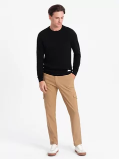 Spodnie męskie - Spodnie męskie materiałowe REGULAR z kieszeniami cargo - jasnobrązowe V4 OM-PACG-0178 - grafika 1