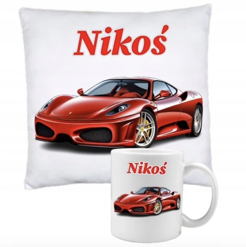 ZESTAW PODUSZKA + KUBEK Prezent FERRARI SPORTOWE AUTO FURA + IMIĘ 28