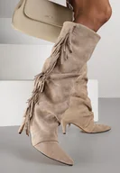 Kozaki damskie - Ciemnobeżowe Kozaki Boho na Szpilce z Frędzlami Mevellana - miniaturka - grafika 1