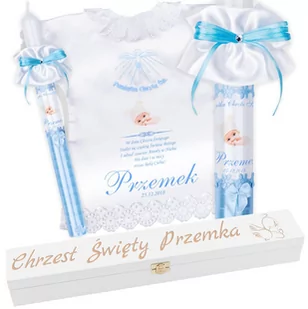 Świeca i szatka na chrzest niebieska z pudełkiem Pamiątka chrztu ze zdjęciem - Dewocjonalia - miniaturka - grafika 1