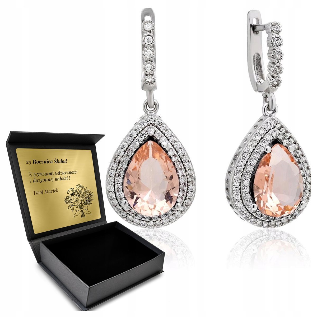 Kolczyki Srebrne 925 Cyrkonie Morganit Biżuteria Dla Kobiety + Grawer
