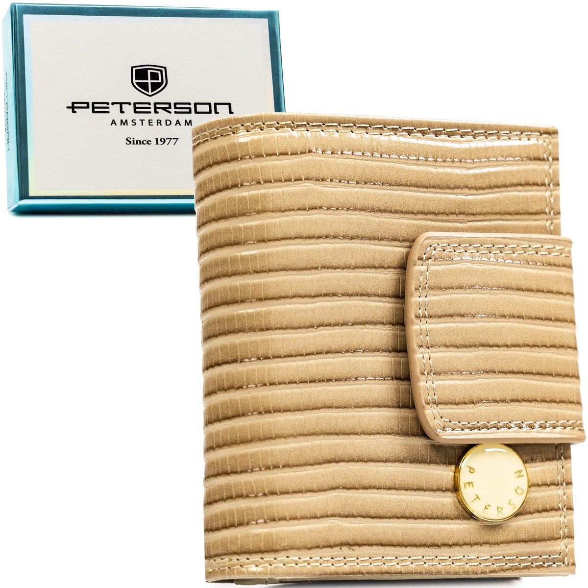 Portfel damski lakierowany PETERSON rfid stop mały pionowy na zatrzask i bigiel rozbudowany na karty elegancki beżowy skóra naturalna i ekologiczna ..