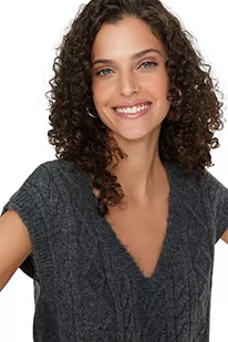 TRENDYOL Damska kamizelka z dekoltem w serek, jednokolorowa, regularna, dziergana bluza dresowa, szara, L, szary, L - Kamizelki damskie - miniaturka - grafika 1