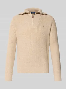 Sweter z dzianiny z kołnierzem zapinanym i wyhaftowanym logo - Swetry męskie - miniaturka - grafika 1