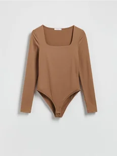 Reserved - Body z dekoltem karo - brązowy - Koszulki i topy damskie - miniaturka - grafika 1