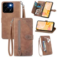 Portfele - Dla ZTE Blade A55 Etui Portfel na zamek błyskawiczny PU Skóra Kwiat Nadruk Pokrowiec na telefon - brązowy Wielobarwny Brown - miniaturka - grafika 1