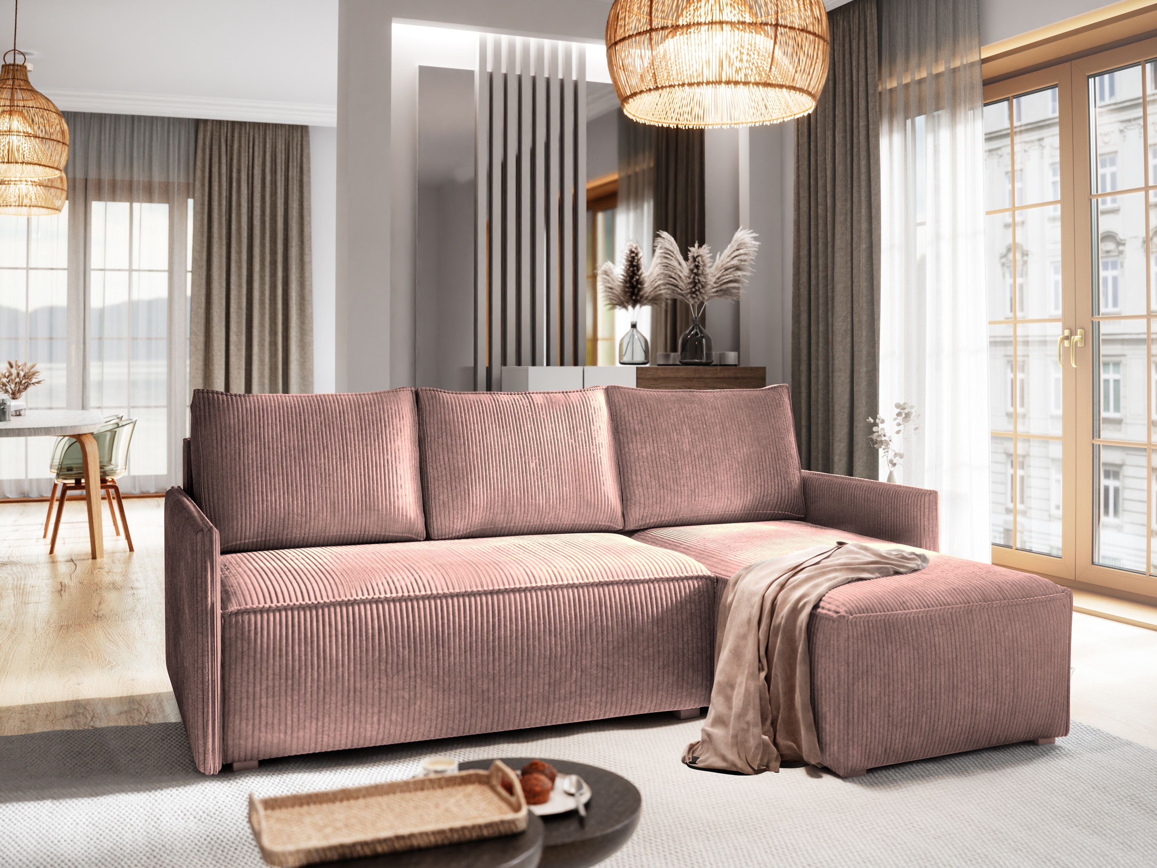 Masseno Narożnik PERUSI z funkcją spania i pojemnikiem na pościel Kształt L, Rozkładana sofa, Rogówka - Wrzos, POSO 130