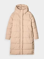 Kurtki damskie - 4F Długi płaszcz puchowy z syntetycznym wypełnieniem damski - beżowy XXL - miniaturka - grafika 1