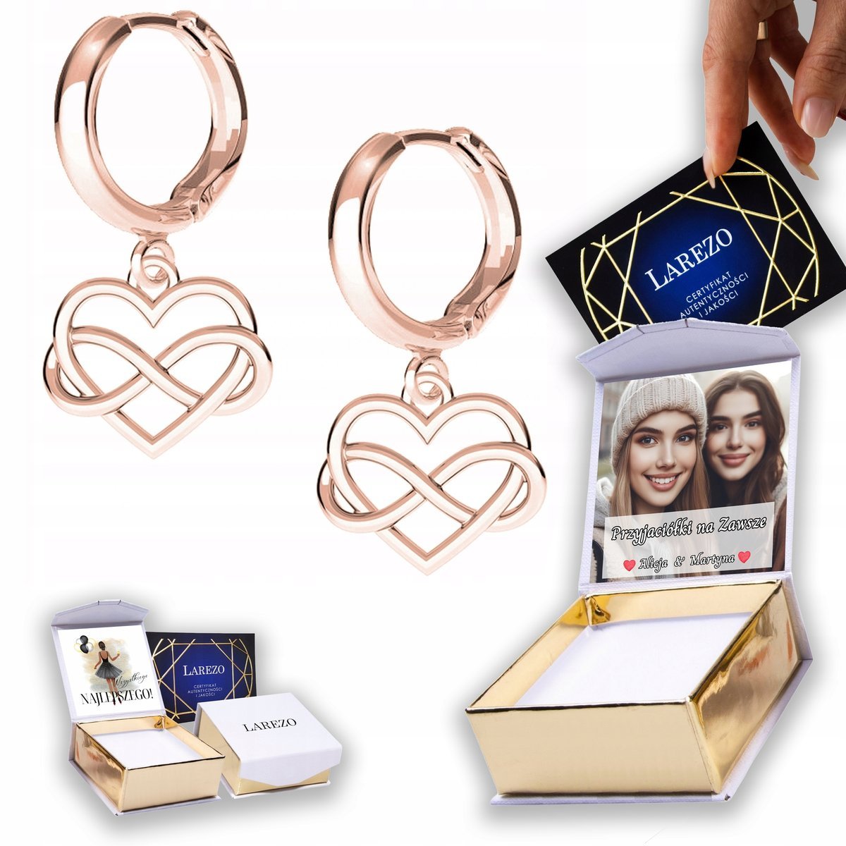 Kolczyki Pozłacane 925 Serca Serduszka Nieskończoność z Serduszkiem NADRUK