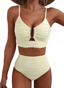 Stroje kąpielowe - Dwuczęściowy Strój Kąpielowy V-Neck Wycięcie Wysoki Stan Beżowe Bikini Xl - miniaturka - grafika 1
