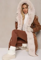 Kurtki damskie - Brązowa Ocieplana Kurtka Parka z Kapturem i Ściągaczem w Pasie Semilaura - miniaturka - grafika 1