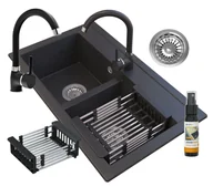 Zlewozmywaki z baterią - Zlew Granitowy Kran Ociekarka Syfon Czarny Zestaw - miniaturka - grafika 1