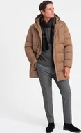 Kurtki męskie - Kurtka męska Ombre Długa zimowa kurtka męska pikowana o satynowym wykończeniu - jasnobrązowa V2 OM-JALJ-0147 S - miniaturka - grafika 1