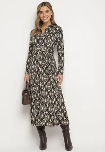 Czarno-Beżowa Koszulowa Sukienka z Wiskozą w Ornamentalny Wzór z Wiązanym Paskiem Evathria - Sukienki - miniaturka - grafika 1