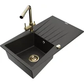 Zlewozmywaki z baterią - Mexen Cesar zlewozmywak granitowy 1-komorowy z ociekaczem i baterią kuchenną Duero, czarny/złoty metalik - miniaturka - grafika 1