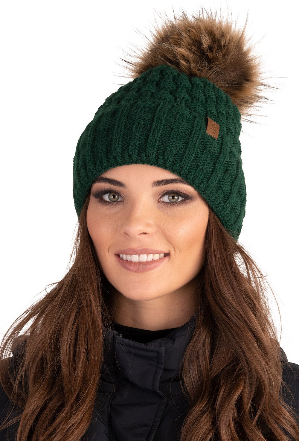 Vivisence czapka zimowa z bobble damska rozmiar uniwersalny - Ciepła na zimę i jesień Elegancka czapka z bobble nakrycie głowy dla kobiet Klasyczny kapelusz - Zielony