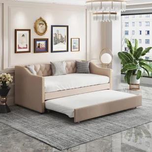 Łóżko tapicerowane Sweiko łóżko dziecięce 90x200, rozkładana sofa Beżowa wytrzymała tkanina lniana łóżko młodzieżowe łóżko dziecięce łóżko gościnne - Łóżka dla dzieci i młodzieży - miniaturka - grafika 1