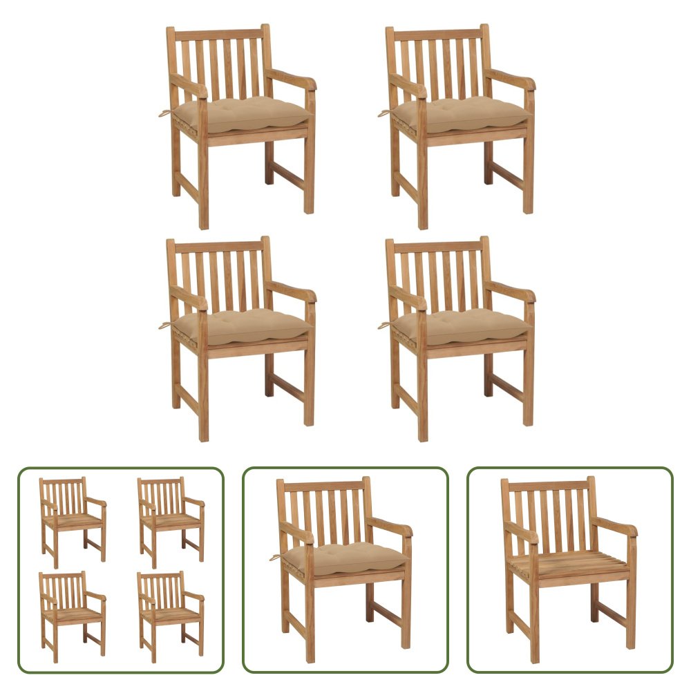 The Living Store krzesła ogrodowe 4 szt. z beżowymi poduszkami z litego drewna tekowego