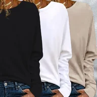 Bluzki damskie - TEMU 3-pak damskie swobodne koszulki z długim rękawem - jednokolorowe topy z poliestru z okrągłym dekoltem na wszystkie pory roku - miniaturka - grafika 1