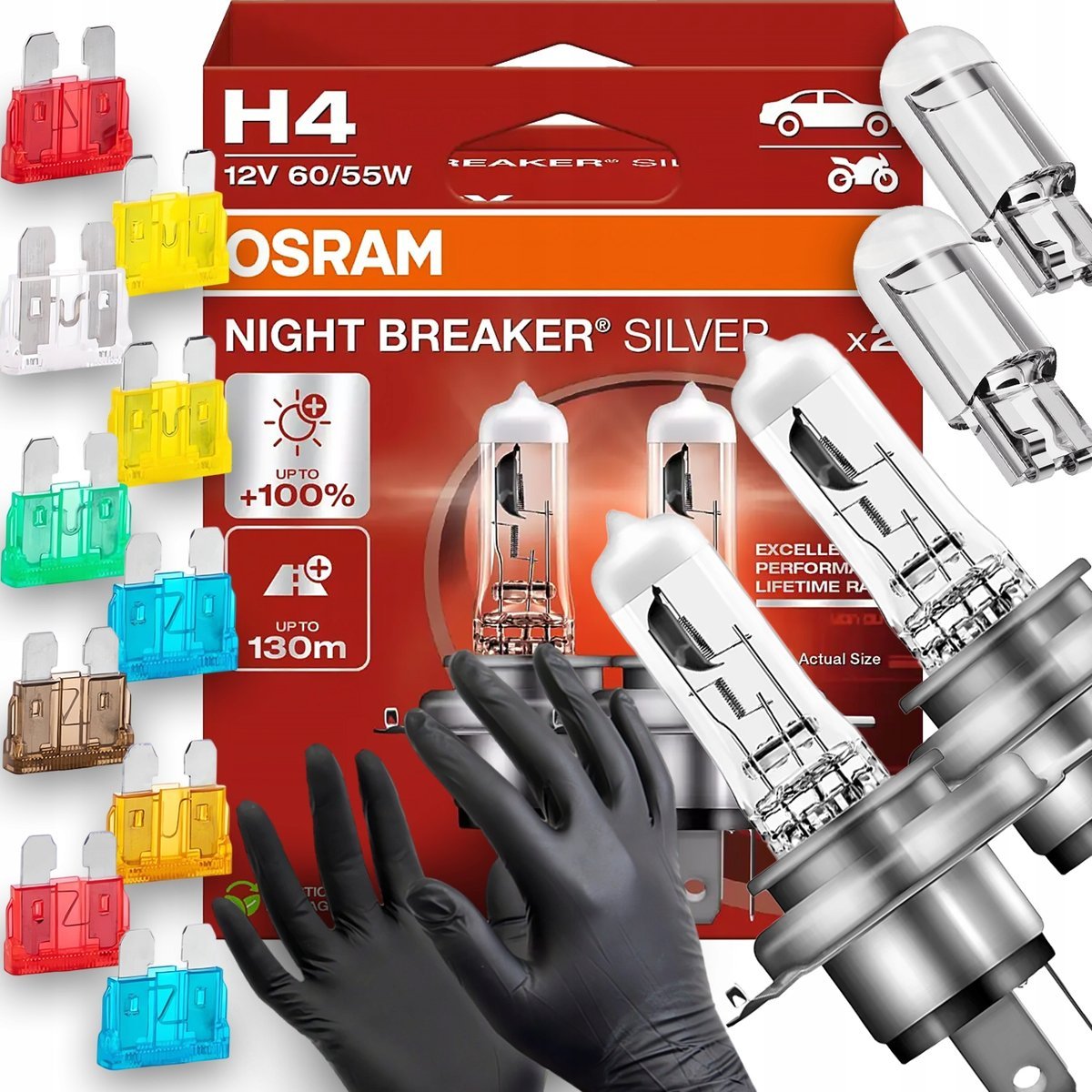 Żarówki Osram H4 Night Breaker Silver 100% W5W Led Bezpieczniki Rękawiczki