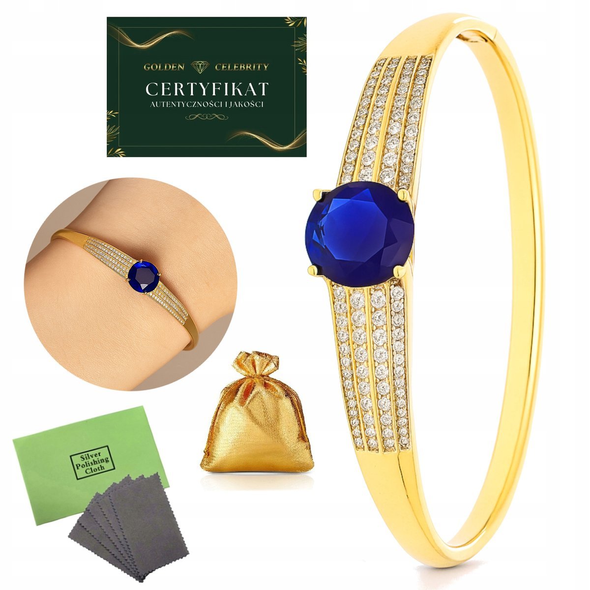ELEGANCKA BRANSOLETKA ZŁOTA DAMSKA SZTYWNA Z SZAFIROWYM KAMIENIEM, CYRKONIE