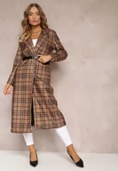Płaszcze damskie - Brązowy Płaszcz Długi w Geometryczny Wzór z Paskiem Charlo - miniaturka - grafika 1