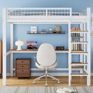 Łóżka dla dzieci i młodzieży - Łóżko piętrowe z żelazną ramą, zintegrowanym stolikiem i półkami, 5-stopniowa drabinka, wzmocnione zabezpieczenie, białe i naturalne drewno, 90x200 cm - miniaturka - grafika 1