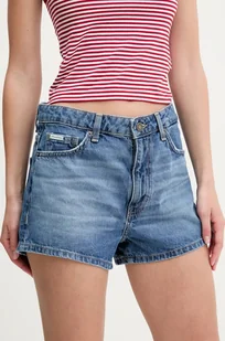 Guess Jeans szorty jeansowe damskie kolor niebieski gładkie high waist W5GD0Y D5O11 - Spodnie sportowe damskie - miniaturka - grafika 1